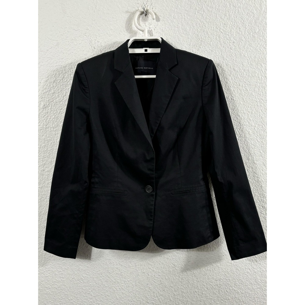 Banana Republic Blazer Womens 0 Black Stretch‎ Cotton Lined One Button Jacket